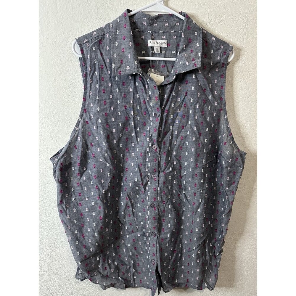 Kim Rogers Curvy Navy Gray Woven Collared Blouse Shirt Size 2XL